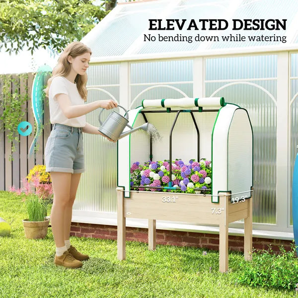 Outsunny Raised Garden Bed with PE Greenhouse Cover Outdoor Planter Box for Herbs and Vegetables, 35 x 22 x 47 inch, Natural - product image 6