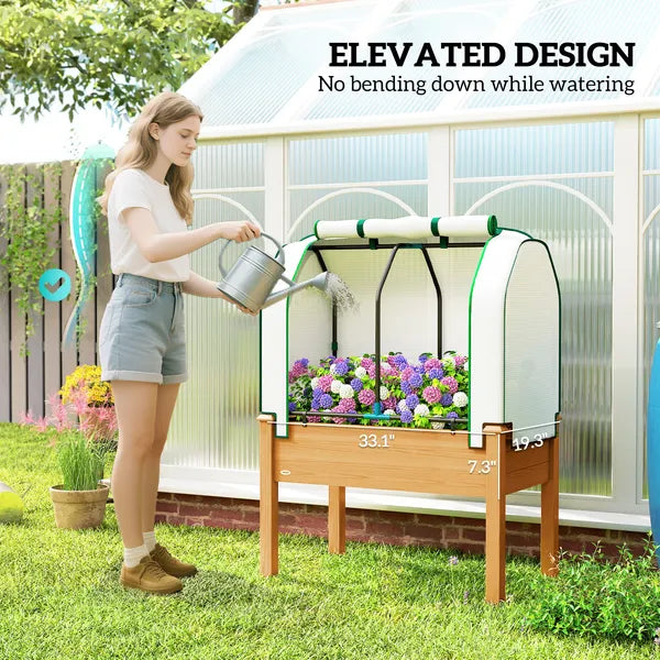 Outsunny Raised Garden Bed with PE Greenhouse Cover Outdoor Planter Box for Herbs and Vegetables, 35 x 22 x 47 inch, Sand - product image 6