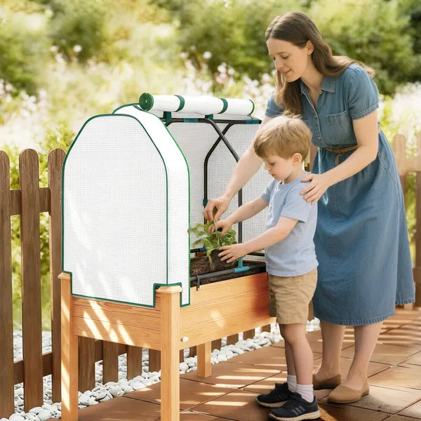 Outsunny Raised Garden Bed with PE Greenhouse Cover Outdoor Planter Box for Herbs and Vegetables, 35 x 22 x 47 inch, Sand - product image 9
