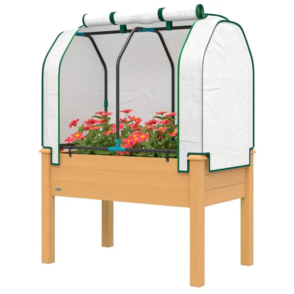 Outsunny Raised Garden Bed with PE Greenhouse Cover Outdoor Planter Box for Herbs and Vegetables, 35 x 22 x 47 inch, Sand - product image 1