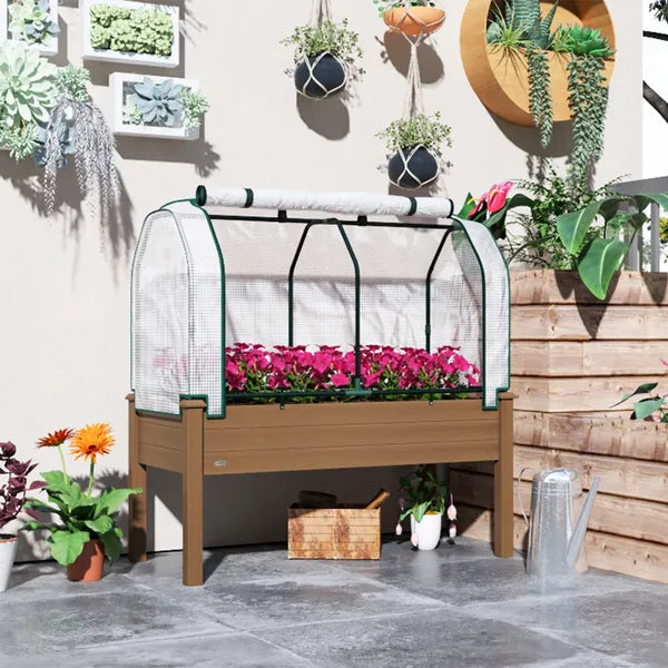 Outsunny Raised Garden Bed with PE Greenhouse Cover Outdoor Planter Box for Herbs and Vegetables, 48 x 22 x 46 inch, Brown - product image 10