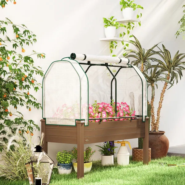 Outsunny Raised Garden Bed with PE Greenhouse Cover Outdoor Planter Box for Herbs and Vegetables, 48 x 22 x 46 inch, Brown - product image 8