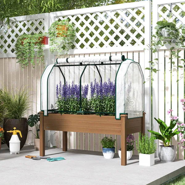 Outsunny Raised Garden Bed with PE Greenhouse Cover Outdoor Planter Box for Herbs and Vegetables, 48 x 22 x 46 inch, Brown - product image 2