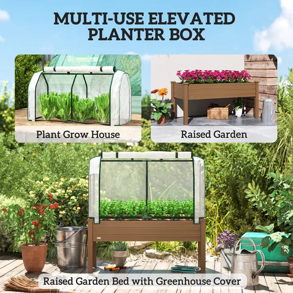 Outsunny Raised Garden Bed with PE Greenhouse Cover Outdoor Planter Box for Herbs and Vegetables, 48 x 22 x 46 inch, Brown - product image 6