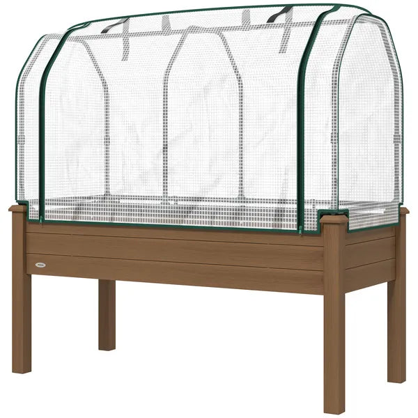Outsunny Raised Garden Bed with PE Greenhouse Cover Outdoor Planter Box for Herbs and Vegetables, 48 x 22 x 46 inch, Brown - product image 1