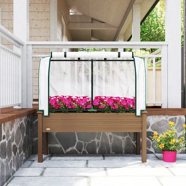 Outsunny Raised Garden Bed with PE Greenhouse Cover Outdoor Planter Box for Herbs and Vegetables, 48 x 22 x 46 inch, Brown - product image 9