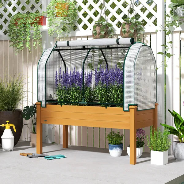 Outsunny Raised Garden Bed with PE Greenhouse Cover Outdoor Planter Box for Herbs and Vegetables, 48 x 22 x 46 inch, Sand - product image 2