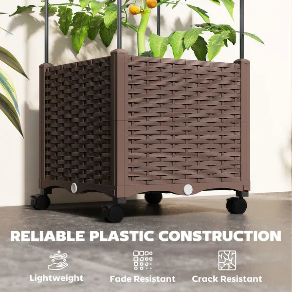 Outsunny Raised Garden Bed with Trellis, Tomato Cage with Lockable Wheels, Self Watering Planter Box with Drainage Holes, Brown - product image 8