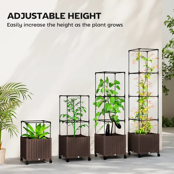Outsunny Raised Garden Bed with Trellis, Tomato Cage with Lockable Wheels, Self Watering Planter Box with Drainage Holes, Brown - product image 5