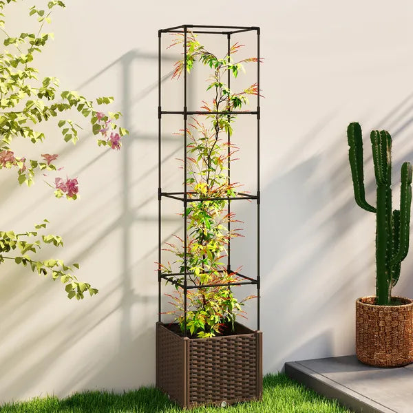 Outsunny Raised Garden Bed with Trellis, Tomato Cage with Lockable Wheels, Self Watering Planter Box with Drainage Holes, Brown - product image 2