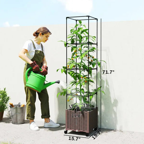 Outsunny Raised Garden Bed with Trellis, Tomato Cage with Lockable Wheels, Self Watering Planter Box with Drainage Holes, Brown - product image 3