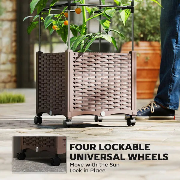 Outsunny Raised Garden Bed with Trellis, Tomato Cage with Lockable Wheels, Self Watering Planter Box with Drainage Holes, Brown - product image 7