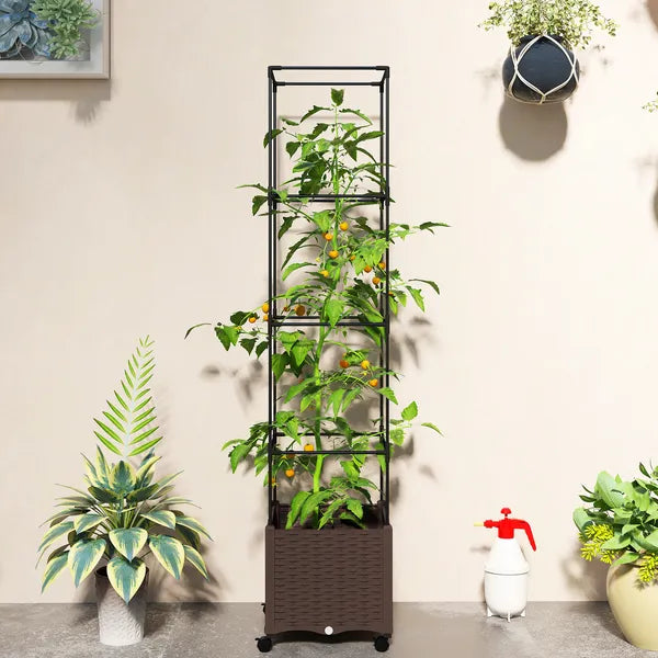 Outsunny Raised Garden Bed with Trellis, Tomato Cage with Lockable Wheels, Self Watering Planter Box with Drainage Holes, Brown - product image 9