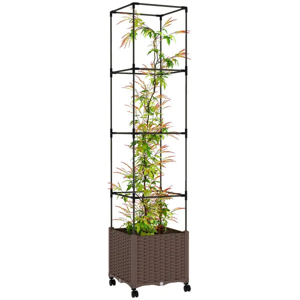 Outsunny Raised Garden Bed with Trellis, Tomato Cage with Lockable Wheels, Self Watering Planter Box with Drainage Holes, Brown - product image 11