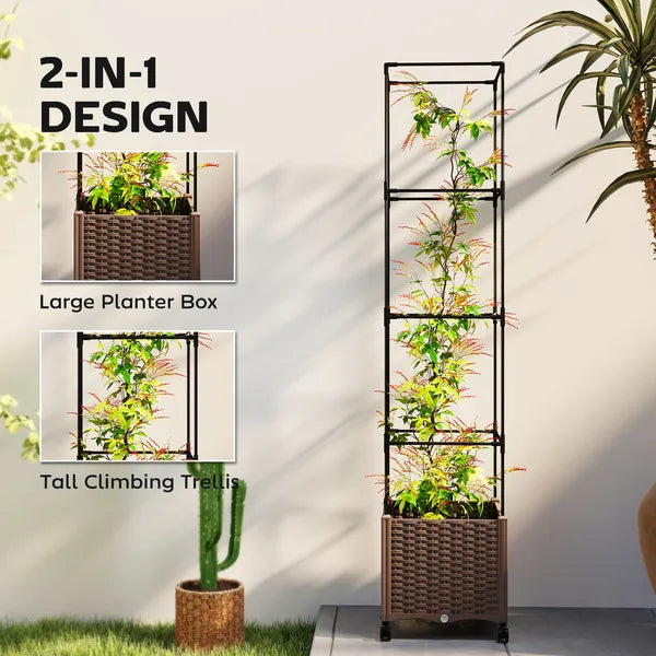 Outsunny Raised Garden Bed with Trellis, Tomato Cage with Lockable Wheels, Self Watering Planter Box with Drainage Holes, Brown - product image 4