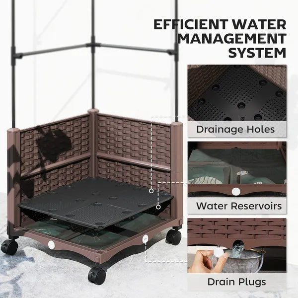 Outsunny Raised Garden Bed with Trellis, Tomato Cage with Lockable Wheels, Self Watering Planter Box with Drainage Holes, Brown - product image 6