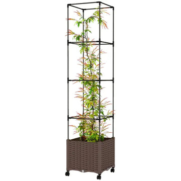 Outsunny Raised Garden Bed with Trellis, Tomato Cage with Lockable Wheels, Self Watering Planter Box with Drainage Holes, Brown - product image 1