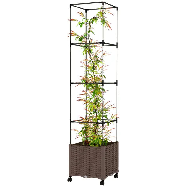Outsunny Raised Garden Bed with Trellis, Tomato Cage with Lockable Wheels, Self Watering Planter Box with Drainage Holes, Brown - product image 1