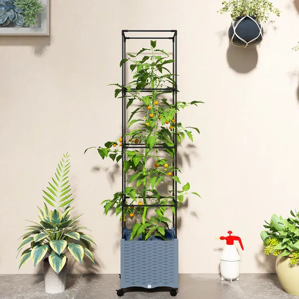 Outsunny Raised Garden Bed with Trellis, Tomato Cage with Lockable Wheels, Self Watering Planter Box with Drainage Holes, Gray - product image 9