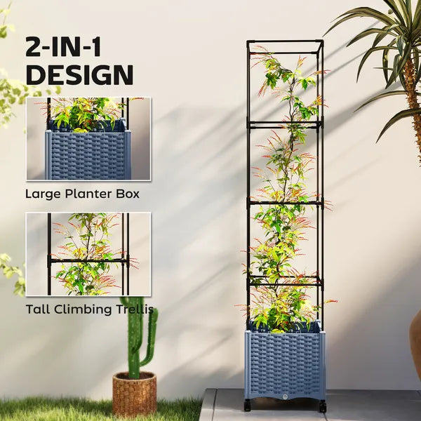 Outsunny Raised Garden Bed with Trellis, Tomato Cage with Lockable Wheels, Self Watering Planter Box with Drainage Holes, Gray - product image 4