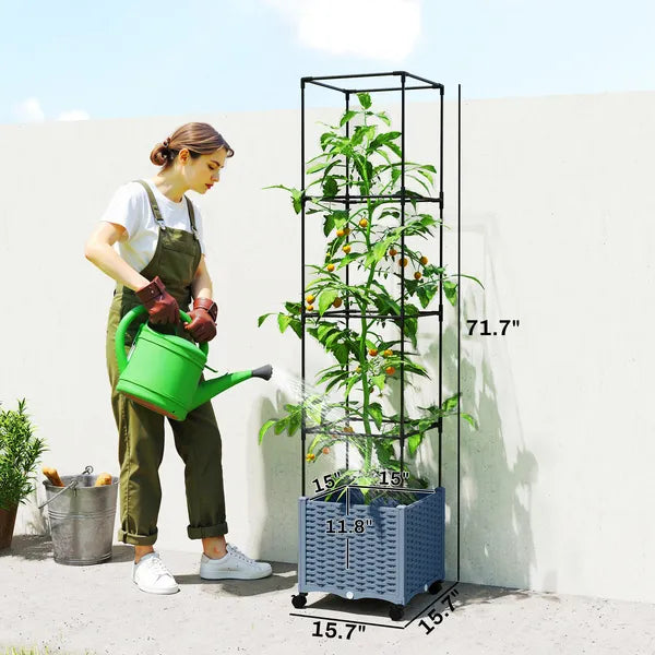 Outsunny Raised Garden Bed with Trellis, Tomato Cage with Lockable Wheels, Self Watering Planter Box with Drainage Holes, Gray - product image 3