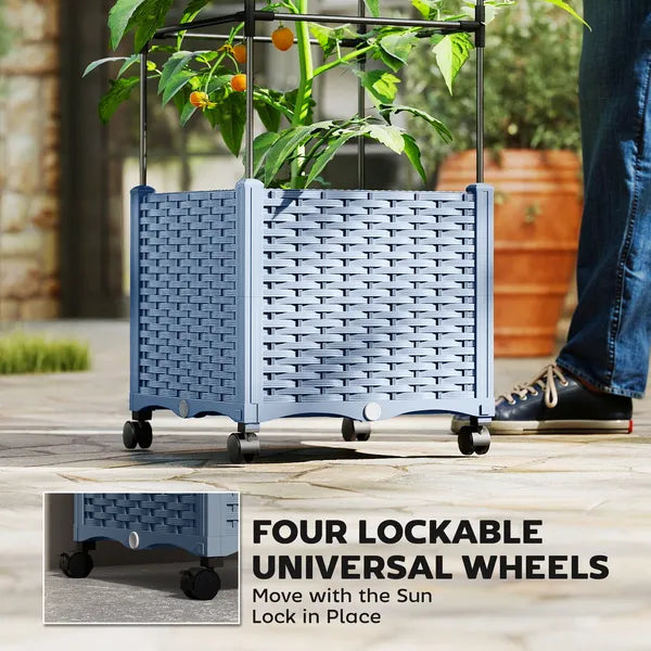 Outsunny Raised Garden Bed with Trellis, Tomato Cage with Lockable Wheels, Self Watering Planter Box with Drainage Holes, Gray - product image 7