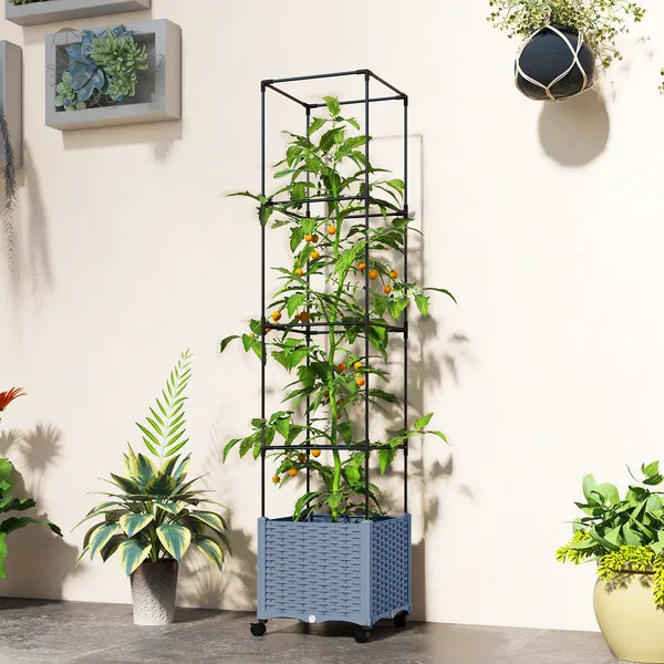 Outsunny Raised Garden Bed with Trellis, Tomato Cage with Lockable Wheels, Self Watering Planter Box with Drainage Holes, Gray - product image 10