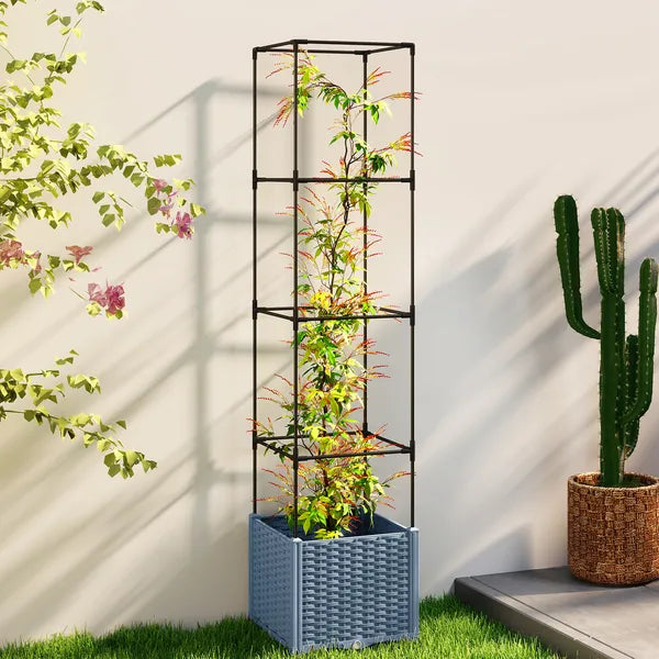 Outsunny Raised Garden Bed with Trellis, Tomato Cage with Lockable Wheels, Self Watering Planter Box with Drainage Holes, Gray - product image 2