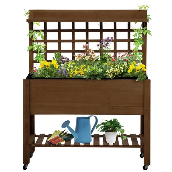 Outsunny Raised Garden Bed with Wheels Trellis Storage Shelf Wooden Planter Box Dark Brown - product image 11