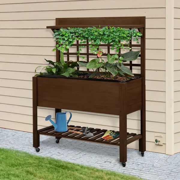 Outsunny Raised Garden Bed with Wheels Trellis Storage Shelf Wooden Planter Box Dark Brown - product image 2