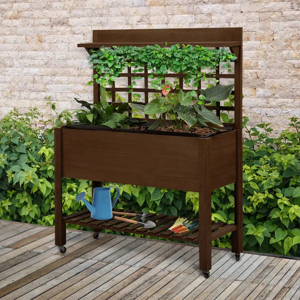 Outsunny Raised Garden Bed with Wheels Trellis Storage Shelf Wooden Planter Box Dark Brown - product image 10
