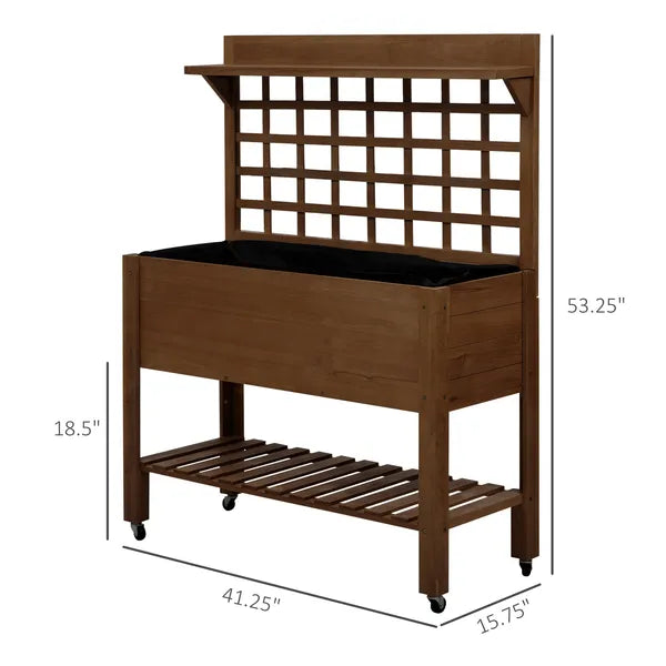 Outsunny Raised Garden Bed with Wheels Trellis Storage Shelf Wooden Planter Box Dark Brown - product image 3
