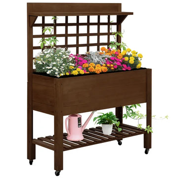 Outsunny Raised Garden Bed with Wheels Trellis Storage Shelf Wooden Planter Box Dark Brown - product image 1