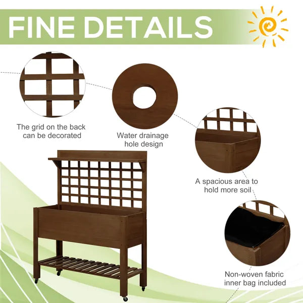 Outsunny Raised Garden Bed with Wheels Trellis Storage Shelf Wooden Planter Box Dark Brown - product image 7