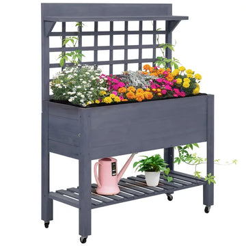 Raised Garden Bed with Wheels Trellis Storage Shelf Wooden Planter Box Gray - product image 1