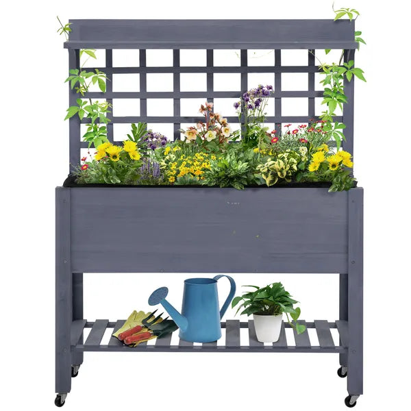 Raised Garden Bed with Wheels Trellis Storage Shelf Wooden Planter Box Gray - product image 11