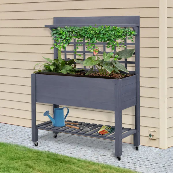 Raised Garden Bed with Wheels Trellis Storage Shelf Wooden Planter Box Gray - product image 2