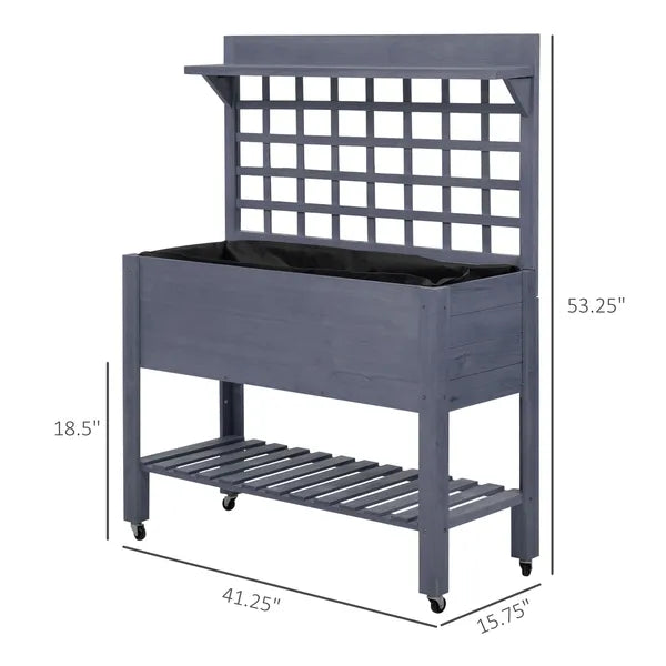 Raised Garden Bed with Wheels Trellis Storage Shelf Wooden Planter Box Gray - product image 3