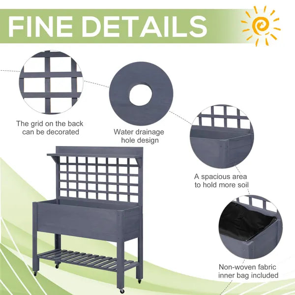 Raised Garden Bed with Wheels Trellis Storage Shelf Wooden Planter Box Gray - product image 7
