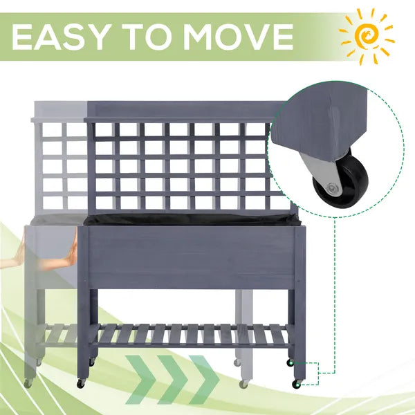 Raised Garden Bed with Wheels Trellis Storage Shelf Wooden Planter Box Gray - product image 4