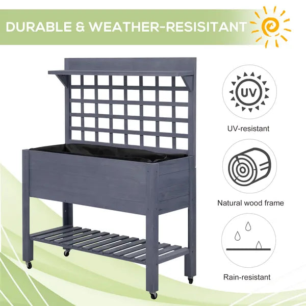 Raised Garden Bed with Wheels Trellis Storage Shelf Wooden Planter Box Gray - product image 5