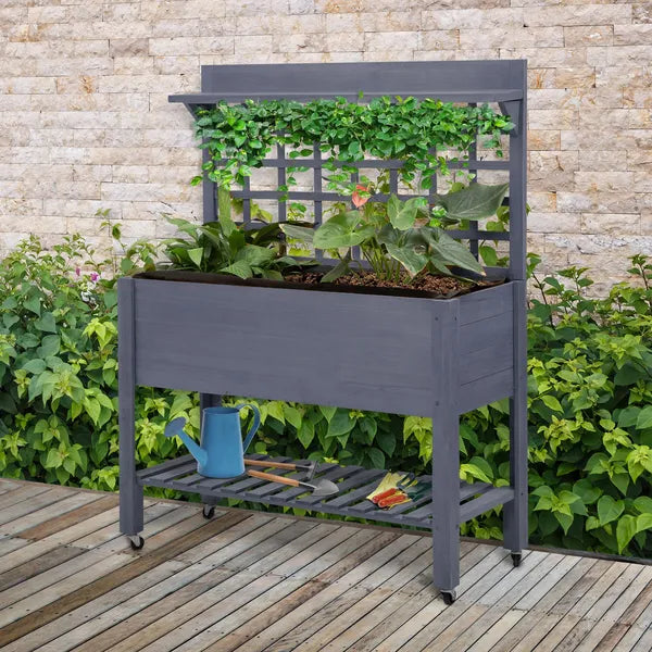 Raised Garden Bed with Wheels Trellis Storage Shelf Wooden Planter Box Gray - product image 10