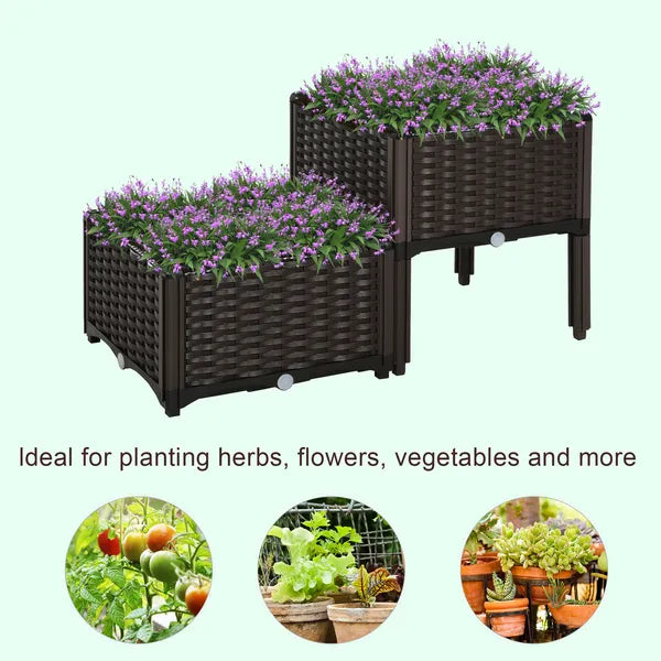 Raised Garden Planter 2 Piece Set Brown with Self-Watering System and Drainage for Outdoor Flowers - product image 4