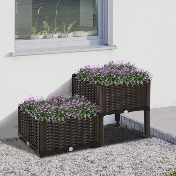 Raised Garden Planter 2 Piece Set Brown with Self-Watering System and Drainage for Outdoor Flowers - product image 2