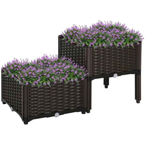 Raised Garden Planter 2 Piece Set Brown with Self-Watering System and Drainage for Outdoor Flowers - product image 11