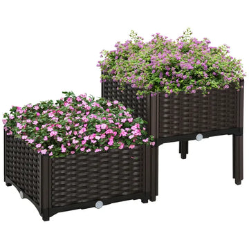 Raised Garden Planter 2 Piece Set Brown with Self-Watering System and Drainage for Outdoor Flowers - product image 1