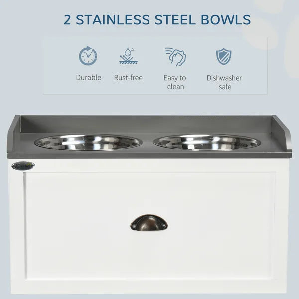 PawHut Raised Pet Feeder, Large Pet Dish Bowl Set with Storage Drawer, 2 Steel Bowls, White - product image 6