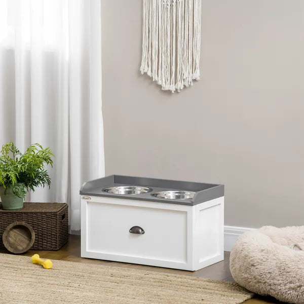 PawHut Raised Pet Feeder, Large Pet Dish Bowl Set with Storage Drawer, 2 Steel Bowls, White - product image 10