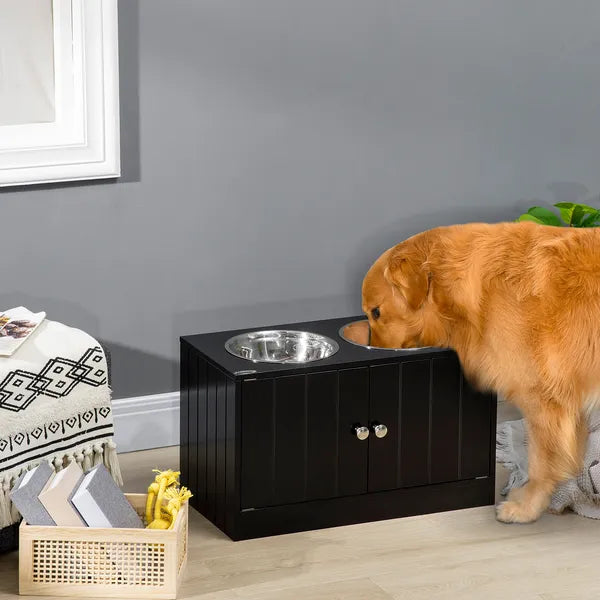 PawHut Raised Pet Feeding Storage Station with 2 Stainless Steel Bowls Base for Large Dogs and Other Large Pets Black - product image 2