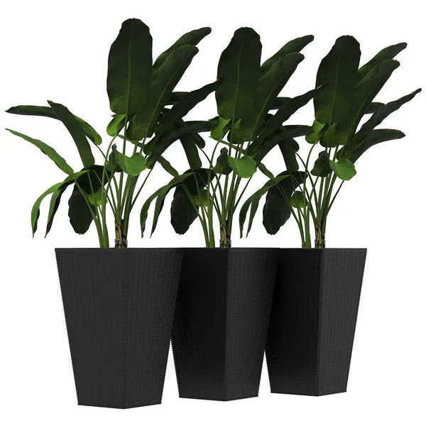 Outsunny Rattan-Style Plastic Planters with Drainage Holes, Set of 3 - 24 Inch Height, Black - product image 1